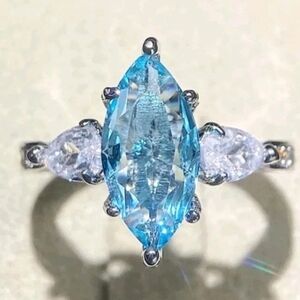 Luxury Quality 3.47CT Lab-Created Diamond Aquamarine Three Stone Engagement Ring